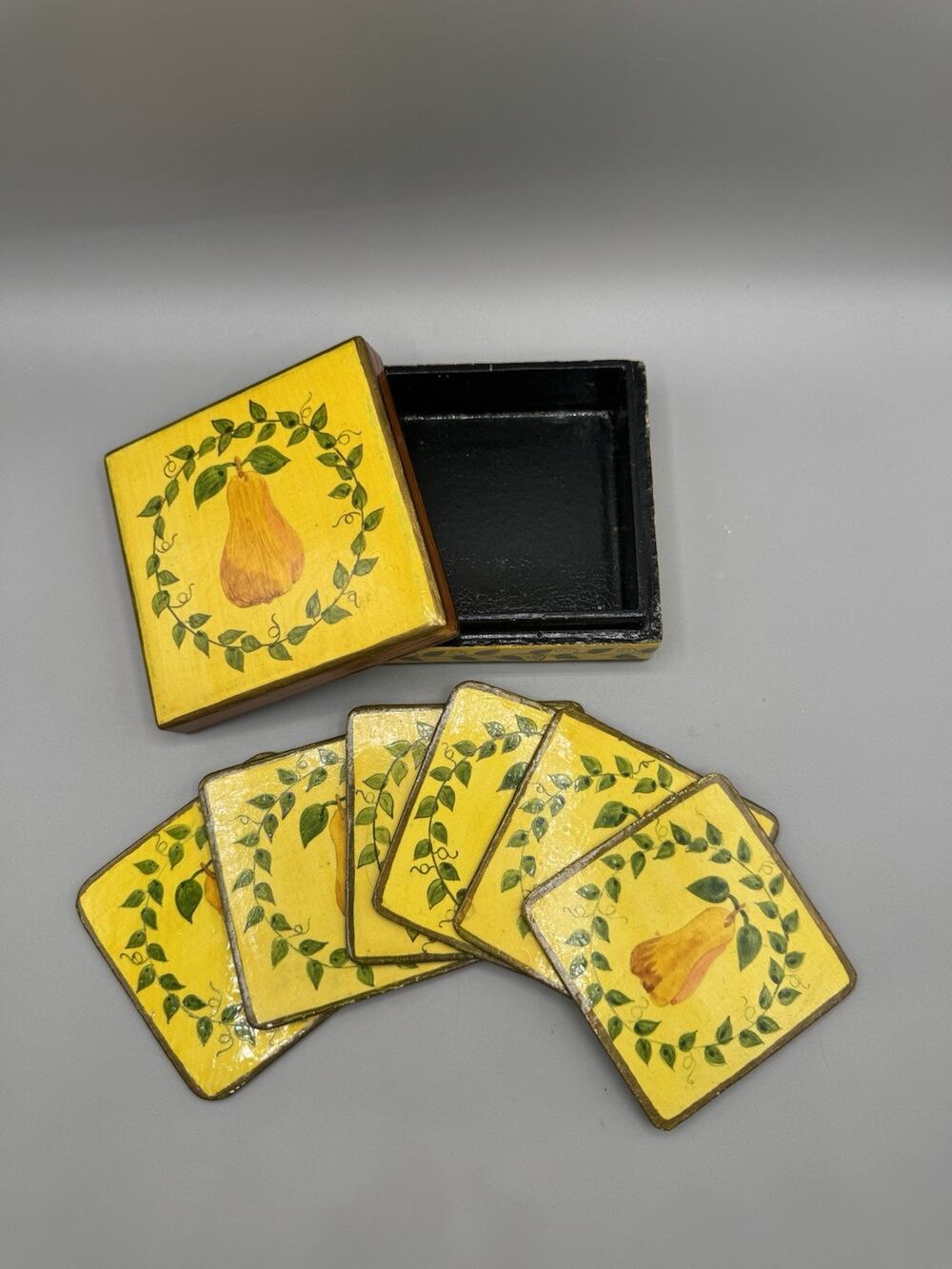 90’s Tuscan Kitchen Drink Coasters Hand Painted Pears Shabby Chic Set